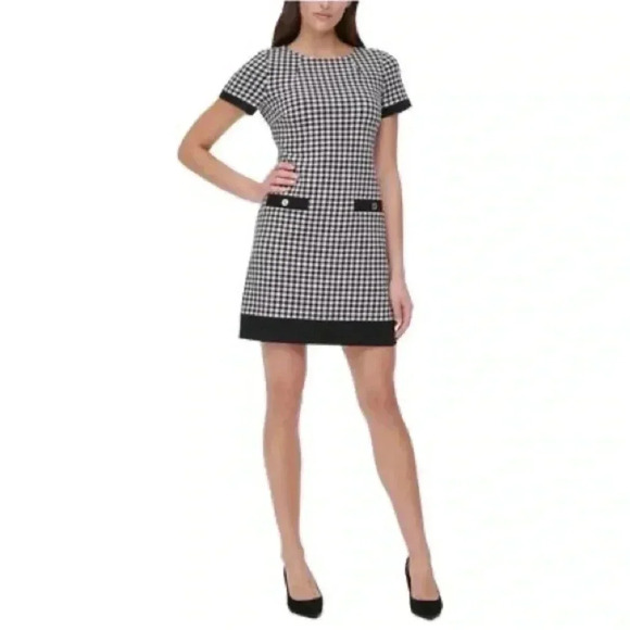 TOMMY HILFIGER Black Zippered Short Sleeve Crew Neck Mini Evening Sheath Dress - Picture 1 of 15